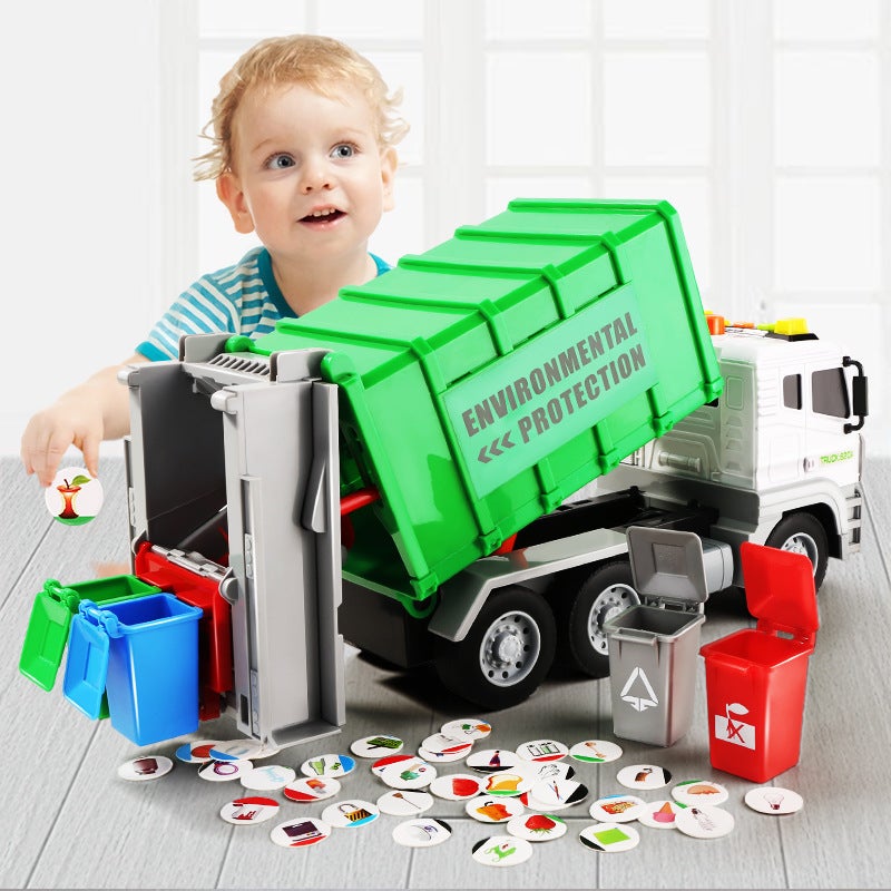 Garbage Truck: Green Medium Size, Friction-Powered Wheels - Realistic Lights & Sounds, Educational Toy Set With 3 Trash Cans for Kids, Birthday Parties, Classroom Activities - Image 5