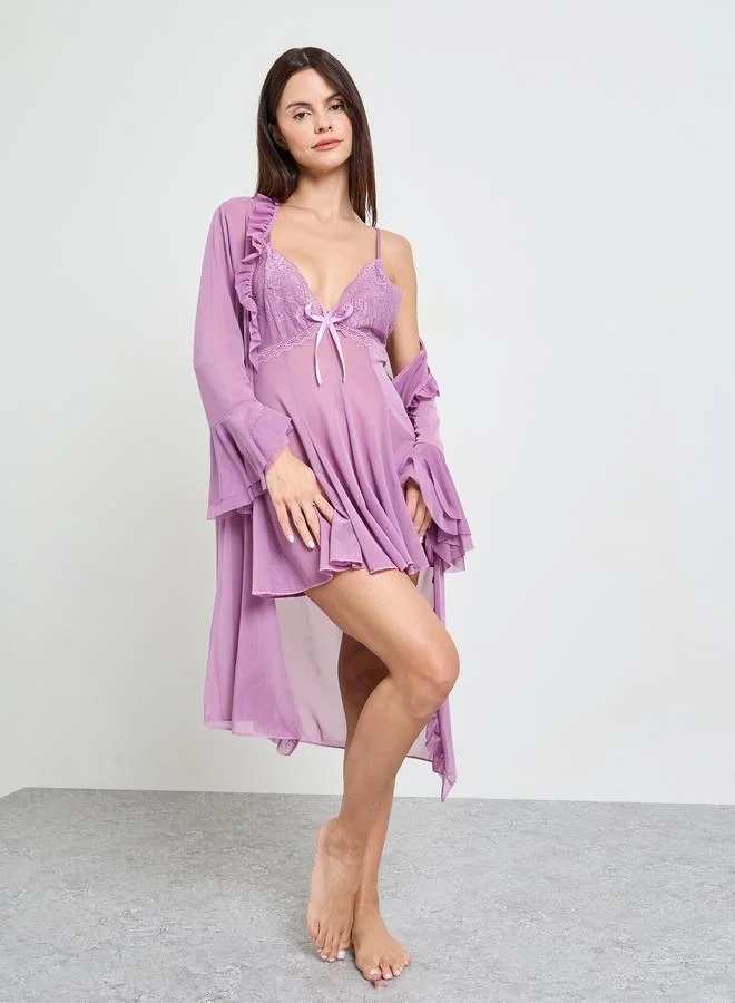 Take Two Purple Solid Slip and Bell Sleeve Robe Set