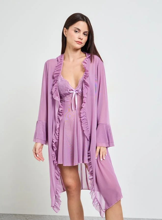 Take Two Purple Solid Slip and Bell Sleeve Robe Set