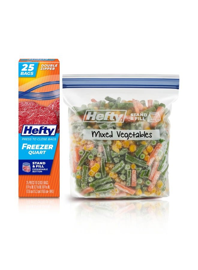 Hefty Press to Close Plastic Freezer Bags, Quart Size, 25 Count - Image 1