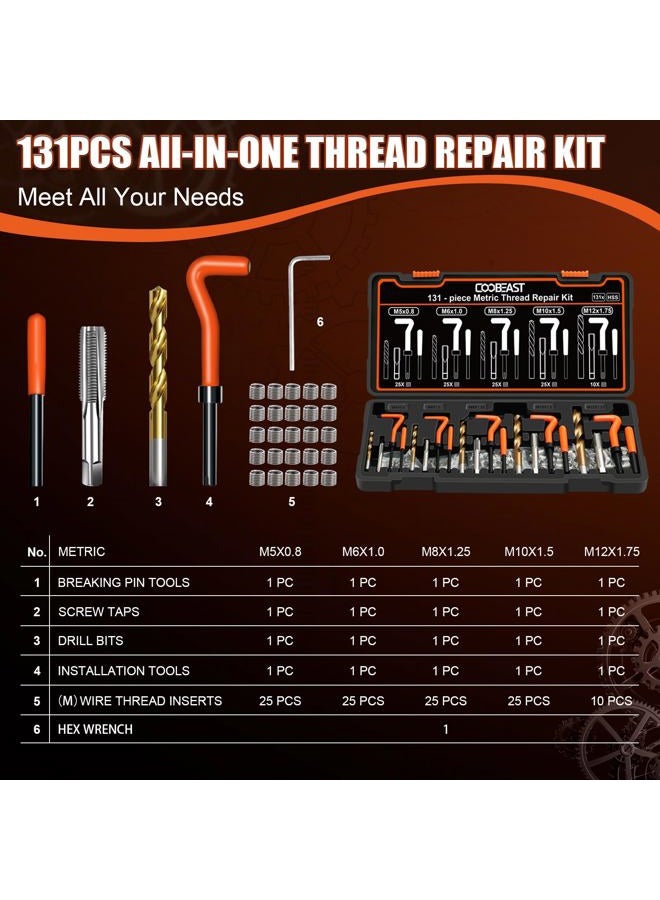 coobeast 131PCS Thread Repair Kit, Metric Helicoil Repair Kit with HSS Drill Bits, 304 Stainless Steel Thread Insert & Rethreading Tool Set in M5 M6 M8 M10 M12 for Automotive Engine Spark Plug Repair - Image 5