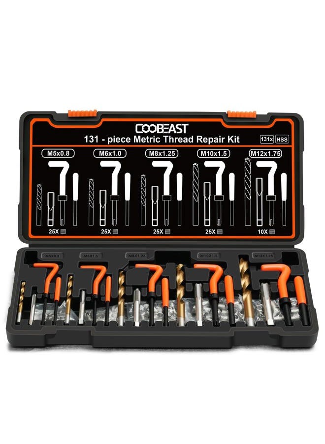 coobeast 131PCS Thread Repair Kit, Metric Helicoil Repair Kit with HSS Drill Bits, 304 Stainless Steel Thread Insert & Rethreading Tool Set in M5 M6 M8 M10 M12 for Automotive Engine Spark Plug Repair - Image 1