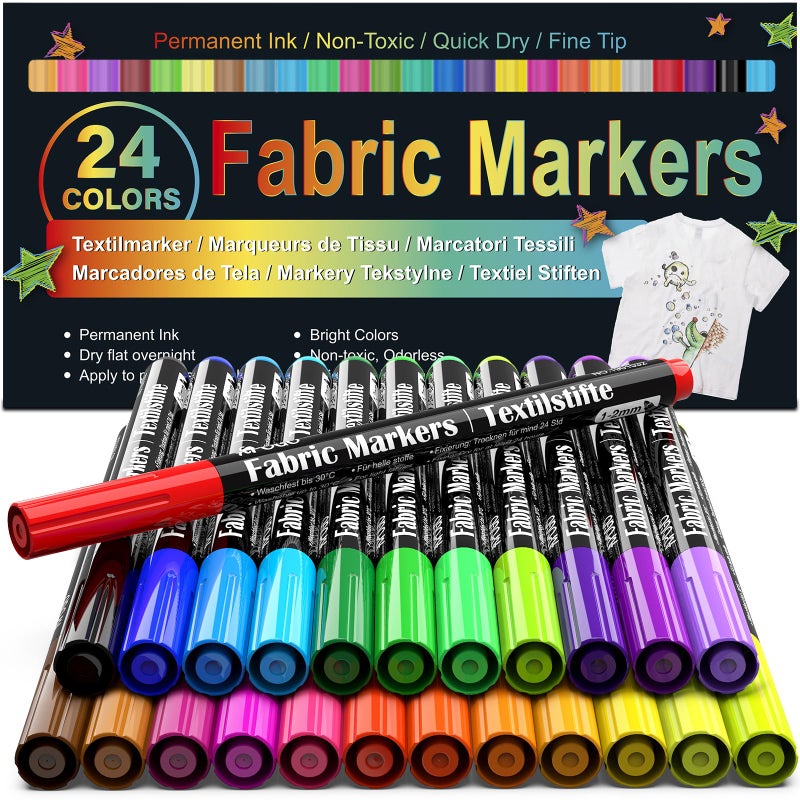 Markers قماش دائمة للملابس 24 لون أقلام طلاء قماش مقاومة للماء قابلة للغسل في الغسالة علامات طلاء للتي شيرت والأحذية والحقائب وبدلات الأطفال قلم تحديد دقيق للملابس للغسيل