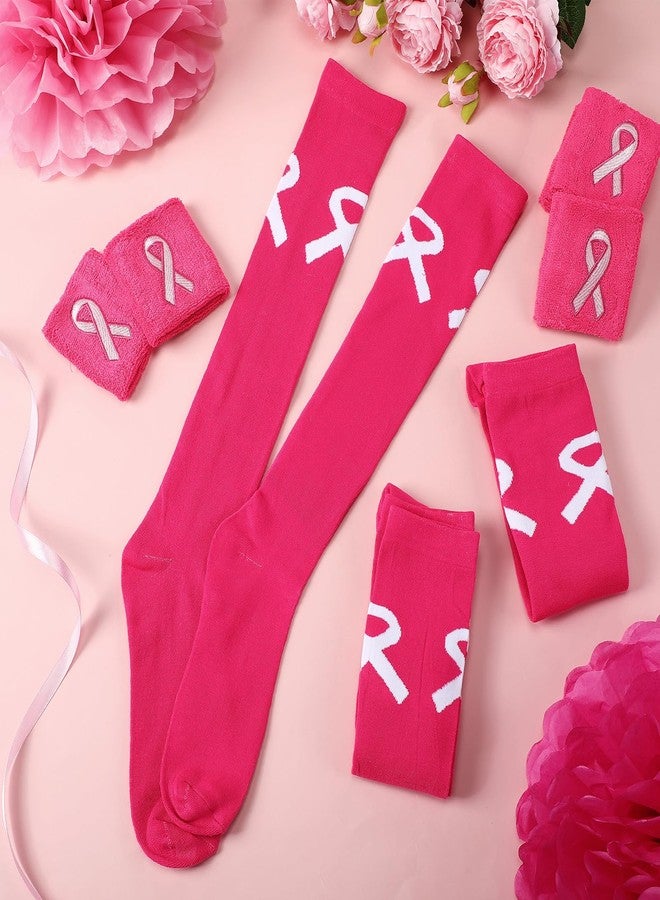 زانماي مجموعة زانماي المكونة من 3 أطقم من الجوارب وأساور المعصم للنساء المصابات بسرطان الثدي، جوارب كرة القدم بشريط وردي، إكسسوارات للتوعية بسرطان الثدي (كبير، وردي) - Image 2