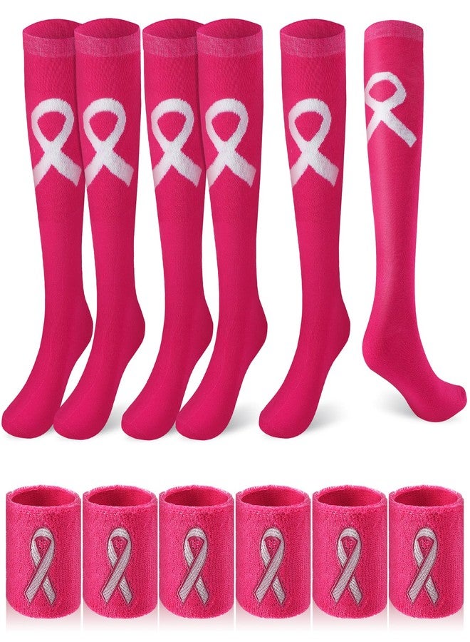 زانماي مجموعة زانماي المكونة من 3 أطقم من الجوارب وأساور المعصم للنساء المصابات بسرطان الثدي، جوارب كرة القدم بشريط وردي، إكسسوارات للتوعية بسرطان الثدي (كبير، وردي) - Image 1