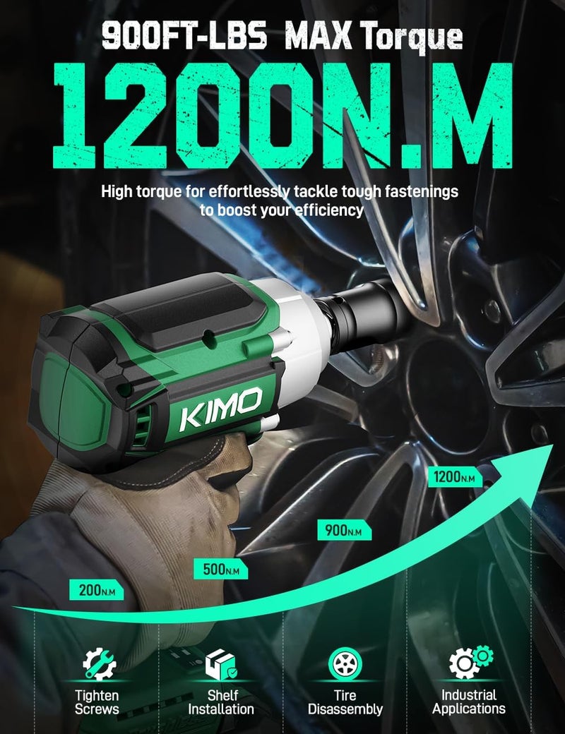 KIMO Impact Wrench 1/2 Cordless, 1200N.m (900ft-lbs), 4000RPM, 9-Piece Drill & Driver Set, 4Sockets Impact Drill for Car Tires, Safety Lock, 2x4000mAh Battery, Variable Modes Power Smart Impact Wrench - Image 4