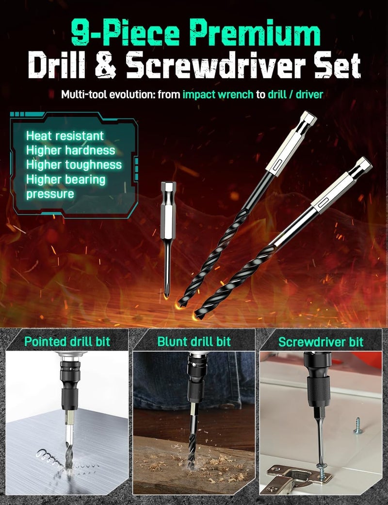 KIMO Impact Wrench 1/2 Cordless, 1200N.m (900ft-lbs), 4000RPM, 9-Piece Drill & Driver Set, 4Sockets Impact Drill for Car Tires, Safety Lock, 2x4000mAh Battery, Variable Modes Power Smart Impact Wrench - Image 3