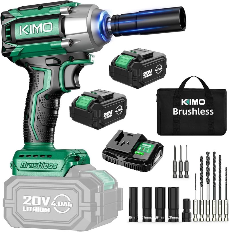 KIMO Impact Wrench 1/2 Cordless, 1200N.m (900ft-lbs), 4000RPM, 9-Piece Drill & Driver Set, 4Sockets Impact Drill for Car Tires, Safety Lock, 2x4000mAh Battery, Variable Modes Power Smart Impact Wrench - Image 1