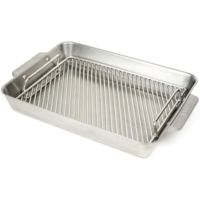 أوني صينية تحميص متوسطة الحجم 15 × 10، غير لاصقة، مصنوعة من الفولاذ المقاوم للصدأ، مع رف ولوح خشبي لتقطيع اللحوم، وعاء تحميص آمن للاستخدام في الفرن - Image 1