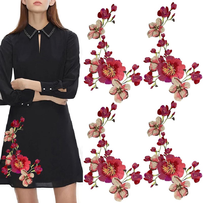 Heogacinlia 4 PCS Flower Embroidery Patches Floral Appliques Decorative Red Large Vintage Sewing Patche for Women Girls DIY Crafts Making Backpacks Jeans Collar Clothing Dress Hat Jackets Bags Accessories - Image 1