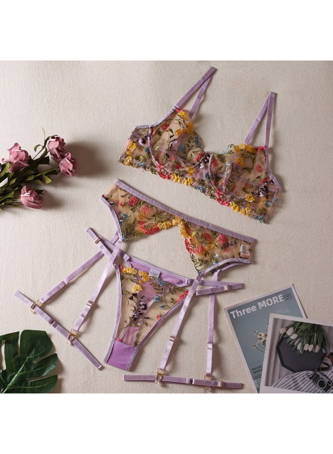 Perspective Yellow Pastoral Floral Bra Garter Belt Thong Leg Ring Three-piece Underwear Set