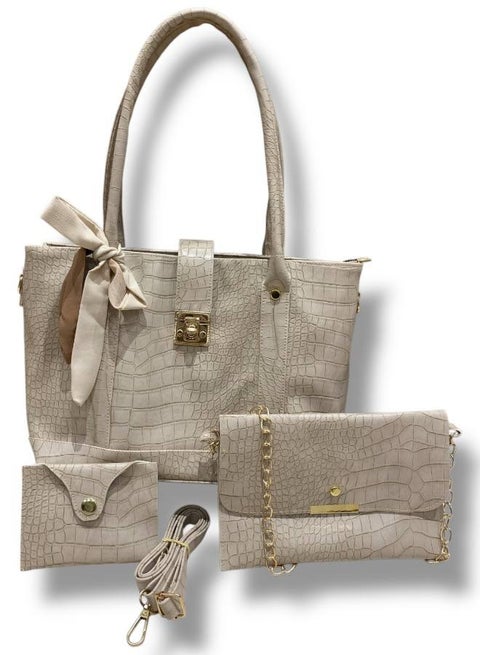 Creamy Luxurious Handbag Set with Elegant Textured Design