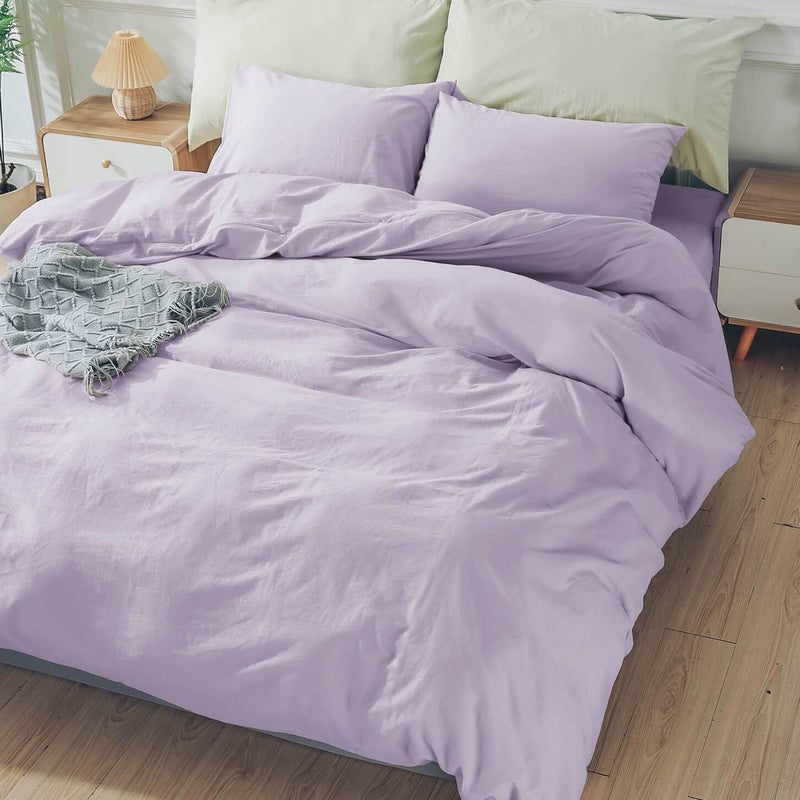 NEXHOME PRO Duvet Cover Set King Size Linen Feel Textured Organic Natural 100% Washed Cotton Duvet Cover Purple Lavender Lilac 3 Pieces Bedding Set with Zipper Closure  Breathable (No Comforter) - Image 3