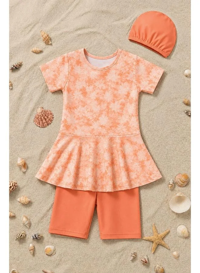 zuzunga Girl's Orange Palm-Pattern Swimsuit Set.