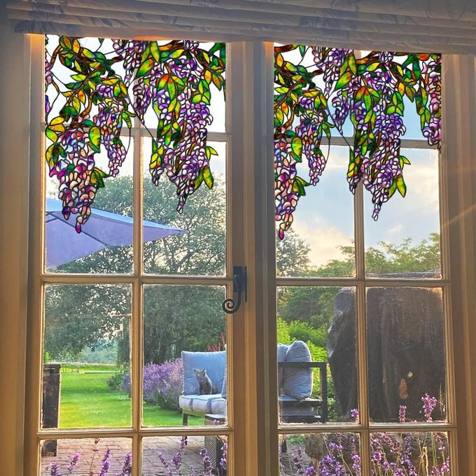 ORIGINAL HAND DRAWN WISTERIA STAINED GLASS WINDOW BORDER FILM TRANSPARENT STATIC CLING FOR GLASS WINDOW DECOR WATERCOLOR HANGING PLANTS PURPLE WISTERIA STICKER 1693X6772