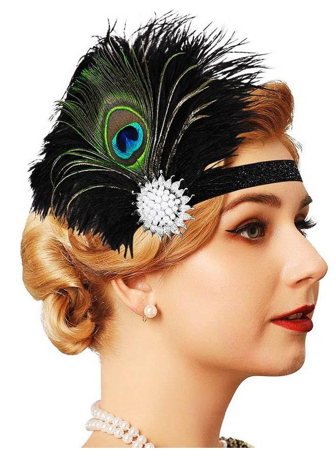 GENBREE 1920S Flapper Headband Peacock Feather Headpiece Black Feather Headband Cocktail Head Accessories For Women  - Image 1
