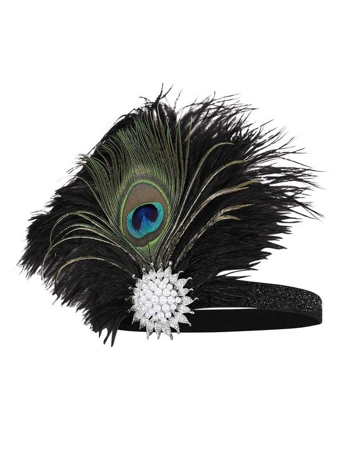 GENBREE 1920S Flapper Headband Peacock Feather Headpiece Black Feather Headband Cocktail Head Accessories For Women  - Image 2