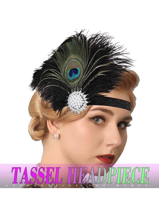 GENBREE 1920S Flapper Headband Peacock Feather Headpiece Black Feather Headband Cocktail Head Accessories For Women  - Image 4