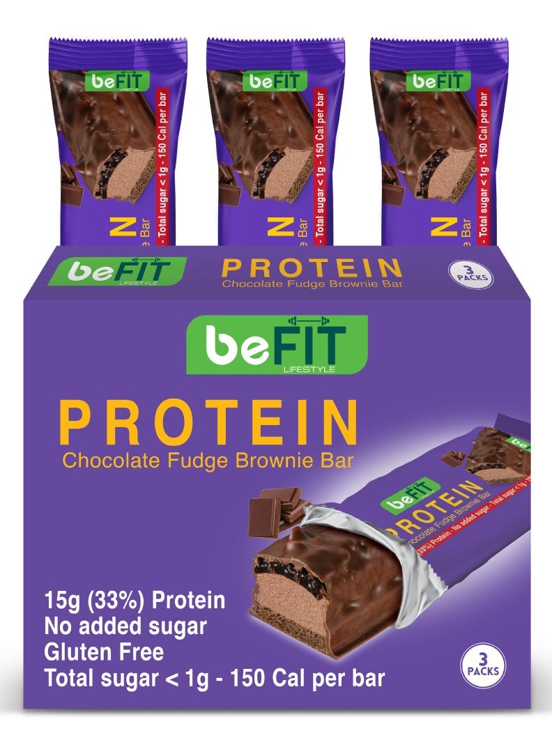 beFIT Protein Cake Bar Chocolate Fudge Brownie 15g(33%) Protein and Total Sugar <1g Box of 3 Bars 