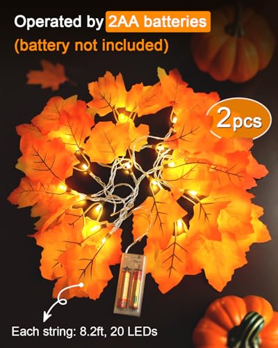 Luditek Fall Decor 2 Pack Lighted Fall Garland, Total 16.4ft 40 LED Thanksgiving Decorations Halloween String Lights, Friendsgiving Gift Thanksgiving Decor for Home Holiday Autumn Garland Indoor - Image 3