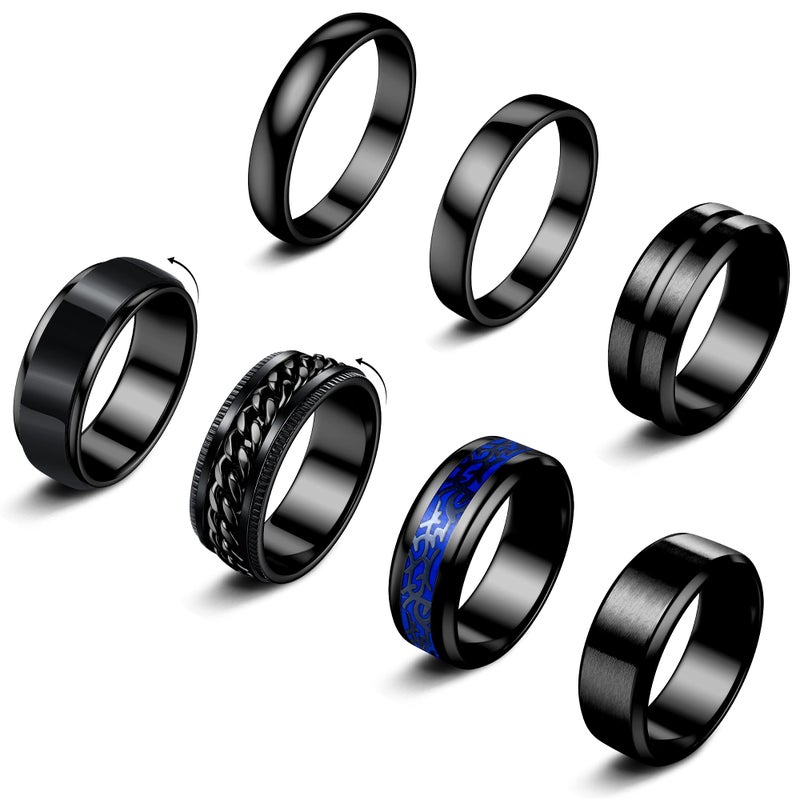 sailimue 7Pcs Stainless Steel Rings for Men Women Black Fidget Rings Set Cool Spinner Chain Ring Anxiety Relief Simple Men's Engagement Promise Wedding Band Size 7-13 - Image 1