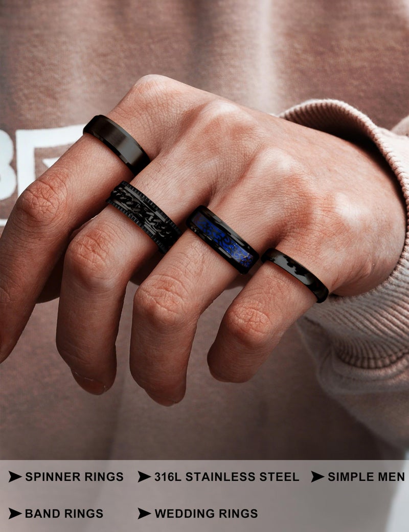 sailimue 7Pcs Stainless Steel Rings for Men Women Black Fidget Rings Set Cool Spinner Chain Ring Anxiety Relief Simple Men's Engagement Promise Wedding Band Size 7-13 - Image 2