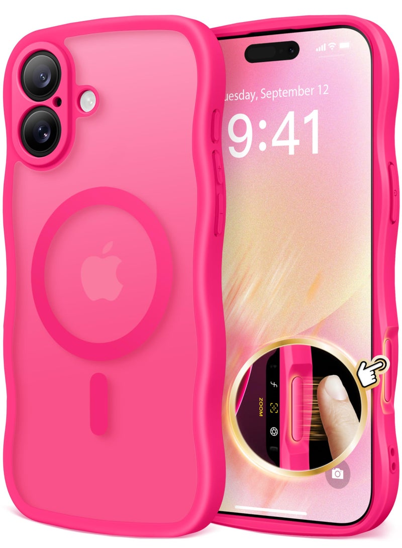 CAPRARO for iPhone 16 Case for Women Girls, Upgraded [Full Camera Protection] [Compatible with MagSafe] Cute Wave Translucent Matte Phone Case for iPhone 16, Hot Pink - Image 1