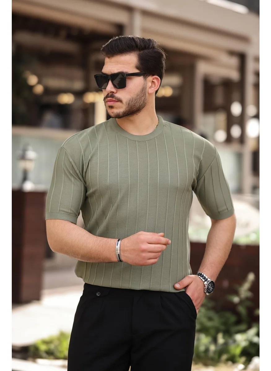 ميرون Khaki Crew Neck Embossed Knitwear Short Sleeve T-Shirt - 2430