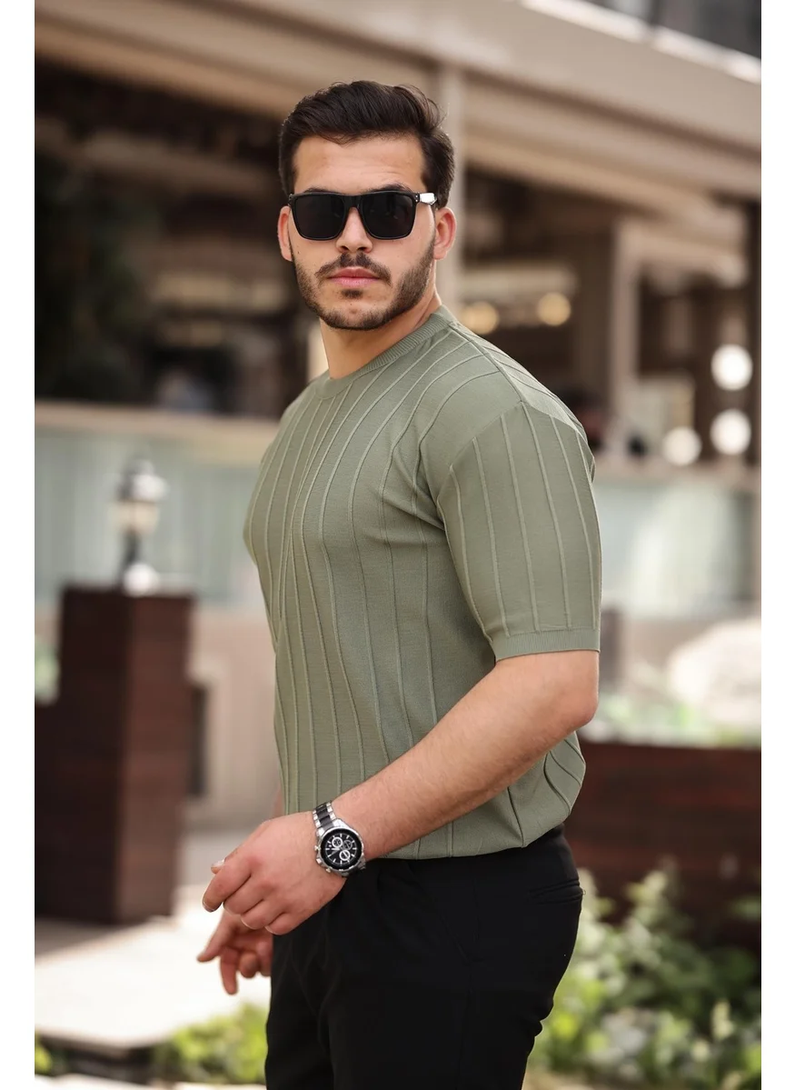 ميرون Khaki Crew Neck Embossed Knitwear Short Sleeve T-Shirt - 2430