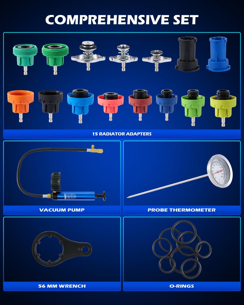 Orion Motor Tech Coolant Pressure Tester Kit, 19pc Radiator Pressure Tester Kit with 15 Radiator Adapters & Wrench, Cooling System Pressure Tester Kit with Vacuum Pump & Probe Thermometer - Image 3