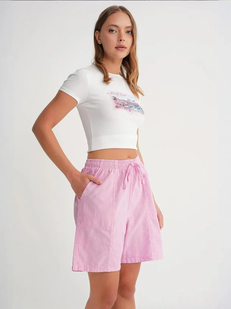 MixRay Powder Pink Mixray High Waist Cotton Drawstring Mini Shorts for Women | Best Price UAE