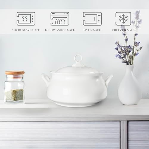 dingdaer Ceramic Serving Soup Tureen Bowls with Lid and soup spoon, 2.4 QT White French Serving Tureen, Lovely Soup Pot for Casserole dish Salad Pasta Noodles Stew, Microwave Dishwasher Safe - Image 3