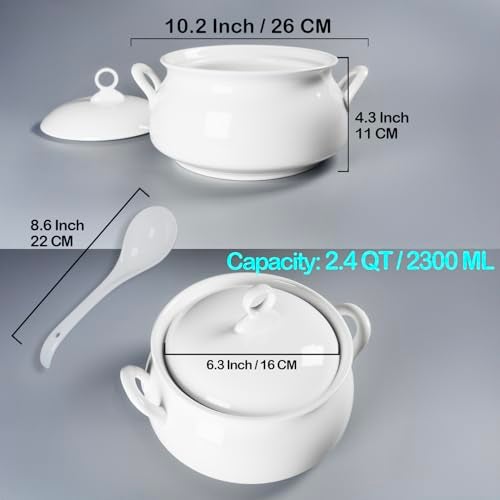 dingdaer Ceramic Serving Soup Tureen Bowls with Lid and soup spoon, 2.4 QT White French Serving Tureen, Lovely Soup Pot for Casserole dish Salad Pasta Noodles Stew, Microwave Dishwasher Safe - Image 2