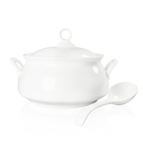 dingdaer Ceramic Serving Soup Tureen Bowls with Lid and soup spoon, 2.4 QT White French Serving Tureen, Lovely Soup Pot for Casserole dish Salad Pasta Noodles Stew, Microwave Dishwasher Safe - Image 1