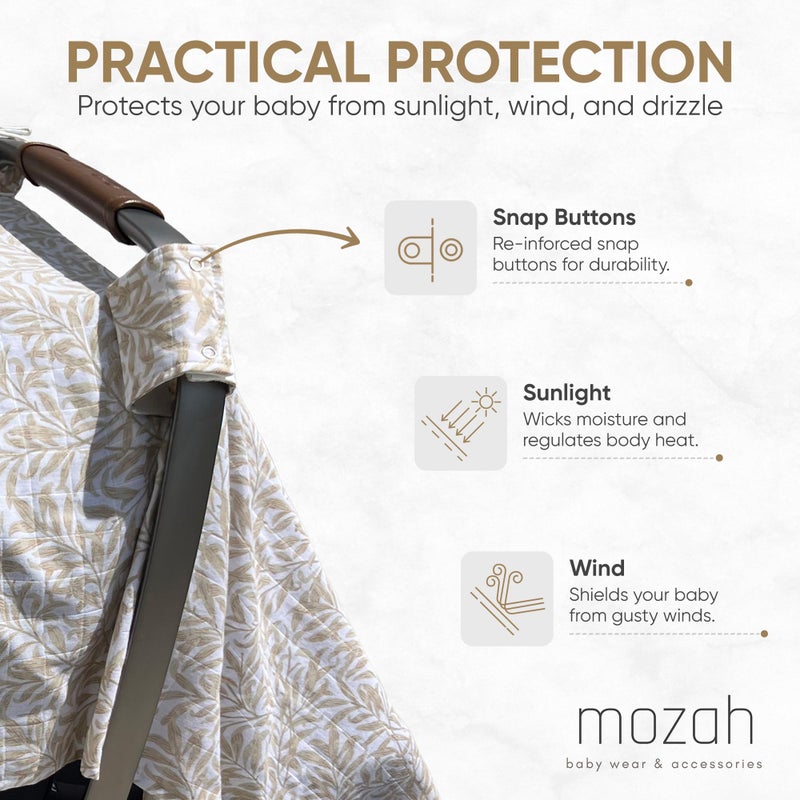 MOZAH غطاء مقعد السيارة للرضع MOZAH - أوراق بيج - 100% موسلين عضوي - ناعم، قابل للتنفس وخفيف الوزن، أساسيات مقعد السيارة للرضع - Image 4