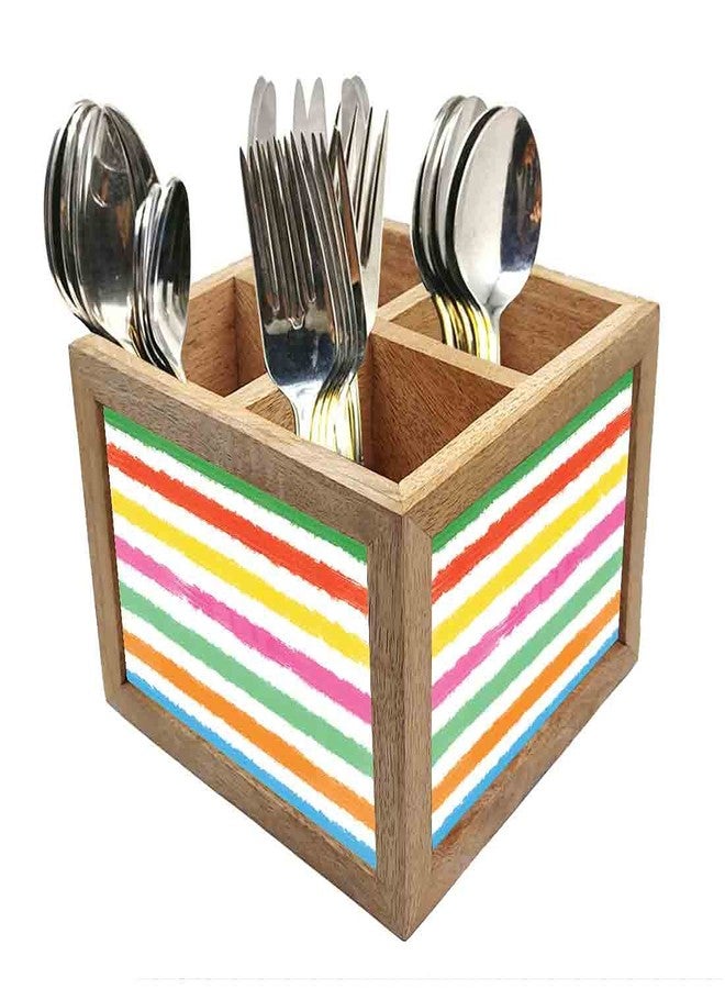 Nutcase Wooden Cutlery Stand Holder Silverware Caddy Spoons Forks Knives Organizer for Dining Table & Kitchen -Made in India-Spoons NOT Included - Colorful Lines - Image 1