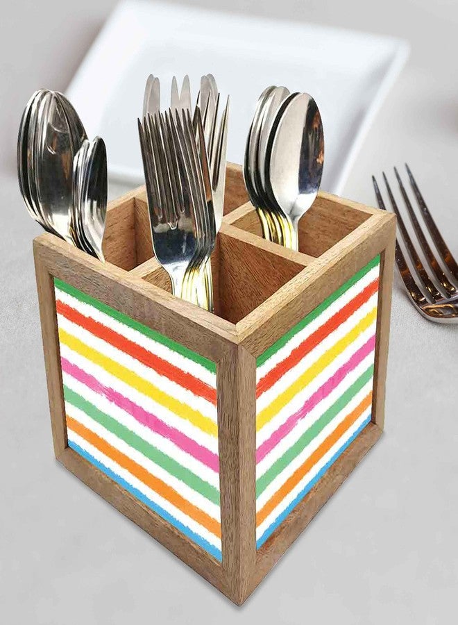 Nutcase Wooden Cutlery Stand Holder Silverware Caddy Spoons Forks Knives Organizer for Dining Table & Kitchen -Made in India-Spoons NOT Included - Colorful Lines - Image 2
