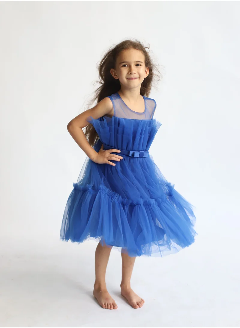 D'Daniela D' Daniela - Toddler Girls Bow Front Ruffle Hem Mesh Gown Dress Royal Blue