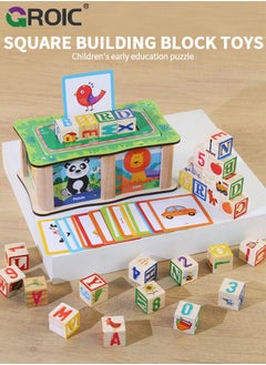GROIC ABC Wooden Building Blocks Set for Toddlers - 27 Pcs Letters, Numbers, Things Blocks and Word Cards, Alphabet Stacking Toys Learning Preschool Educational Montessori Sensory Toys for Kids 1.18''  - Image 2