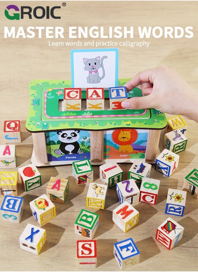 GROIC ABC Wooden Building Blocks Set for Toddlers - 27 Pcs Letters, Numbers, Things Blocks and Word Cards, Alphabet Stacking Toys Learning Preschool Educational Montessori Sensory Toys for Kids 1.18''  - Image 5