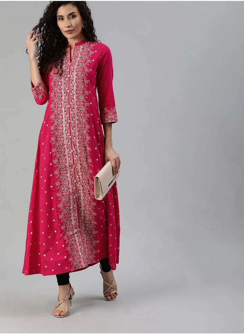 آي شين Women Pink White Printed A-Line Kurta with Mirror Work