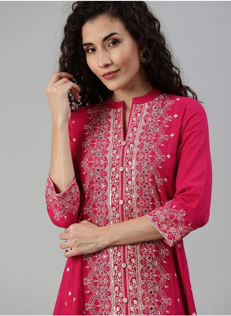 آي شين Women Pink White Printed A-Line Kurta with Mirror Work