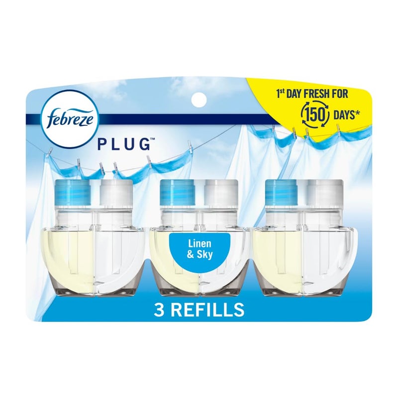 febreze Febreze Plug In Air Freshener, Odor-Fighting Scented Oil Refill, Air Fresheners for Home and Bathroom and Kitchen, Long Lasting for Strong Odors, Linen & Sky Scent, 0.87oz Refills, 3 Count (Pack of 1)  - Image 1