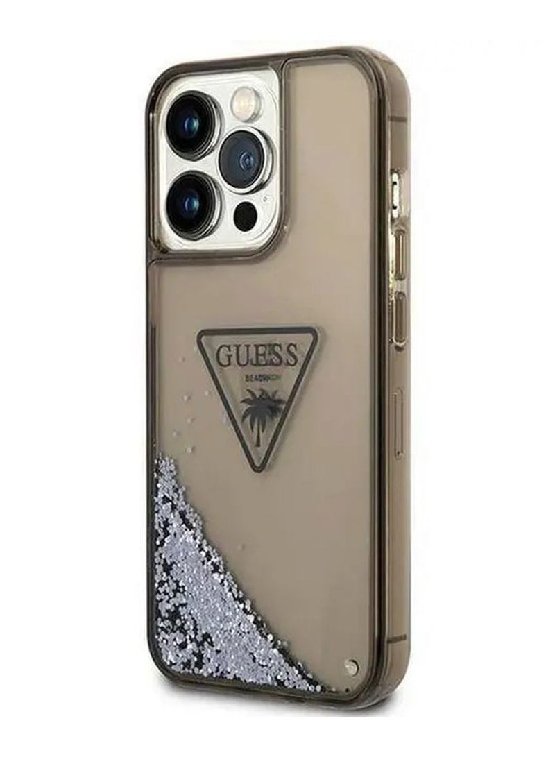 GUESS iPhone 15 Pro Case Liquid Glitter Back Cover with Triangle Translucent Logo / Shock-Absorbent / Lifted Ring Case / Slim Profile / Easy Snap-On - Black - Image 2