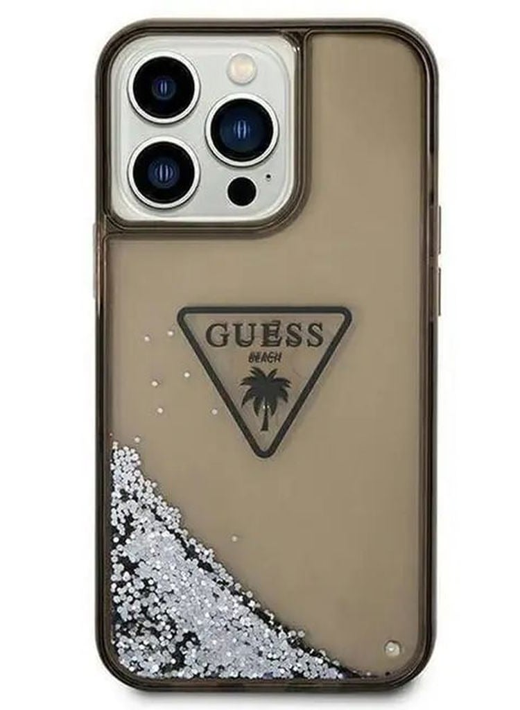 GUESS iPhone 15 Pro Case Liquid Glitter Back Cover with Triangle Translucent Logo / Shock-Absorbent / Lifted Ring Case / Slim Profile / Easy Snap-On - Black - Image 1
