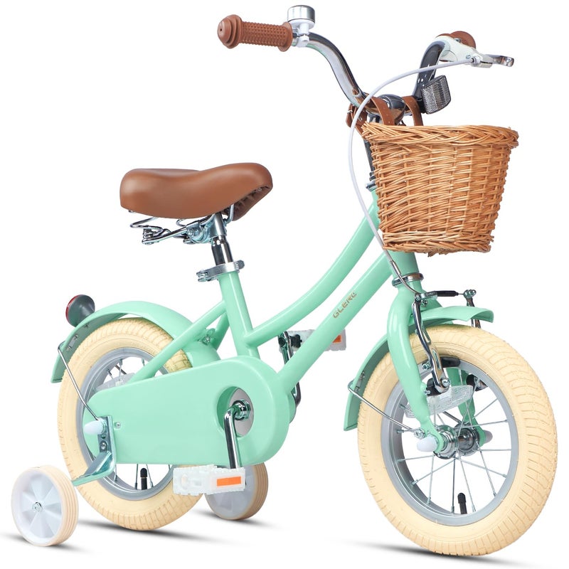 Glerc â€ŽLittle Molly 12 Inch Kids Bike, Retro Cruiser Girls Bicycle for Children Ages 2-4 Years Old, Toddler Bike with Wicker Basket & Training Wheels, Mint Green - Image 1