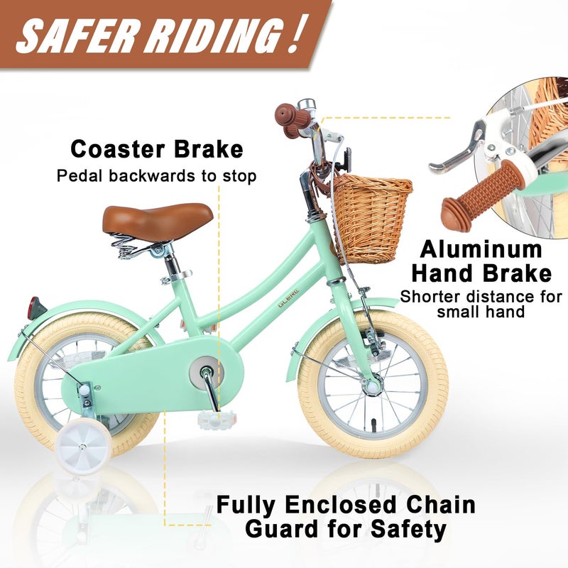 Glerc â€ŽLittle Molly 12 Inch Kids Bike, Retro Cruiser Girls Bicycle for Children Ages 2-4 Years Old, Toddler Bike with Wicker Basket & Training Wheels, Mint Green - Image 3