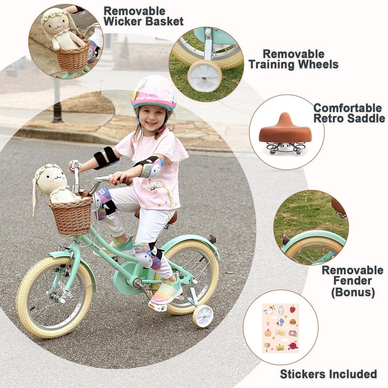 Glerc â€ŽLittle Molly 12 Inch Kids Bike, Retro Cruiser Girls Bicycle for Children Ages 2-4 Years Old, Toddler Bike with Wicker Basket & Training Wheels, Mint Green - Image 2