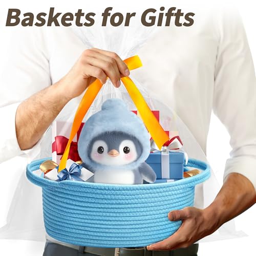Pro Goleem Small Woven Basket with Gift Bags and Ribbons Durable Baskets for Gifts Empty Small Rope Basket for Storage 12X 8 X 5 Baby Toy Basket with Handles Blue - Image 3