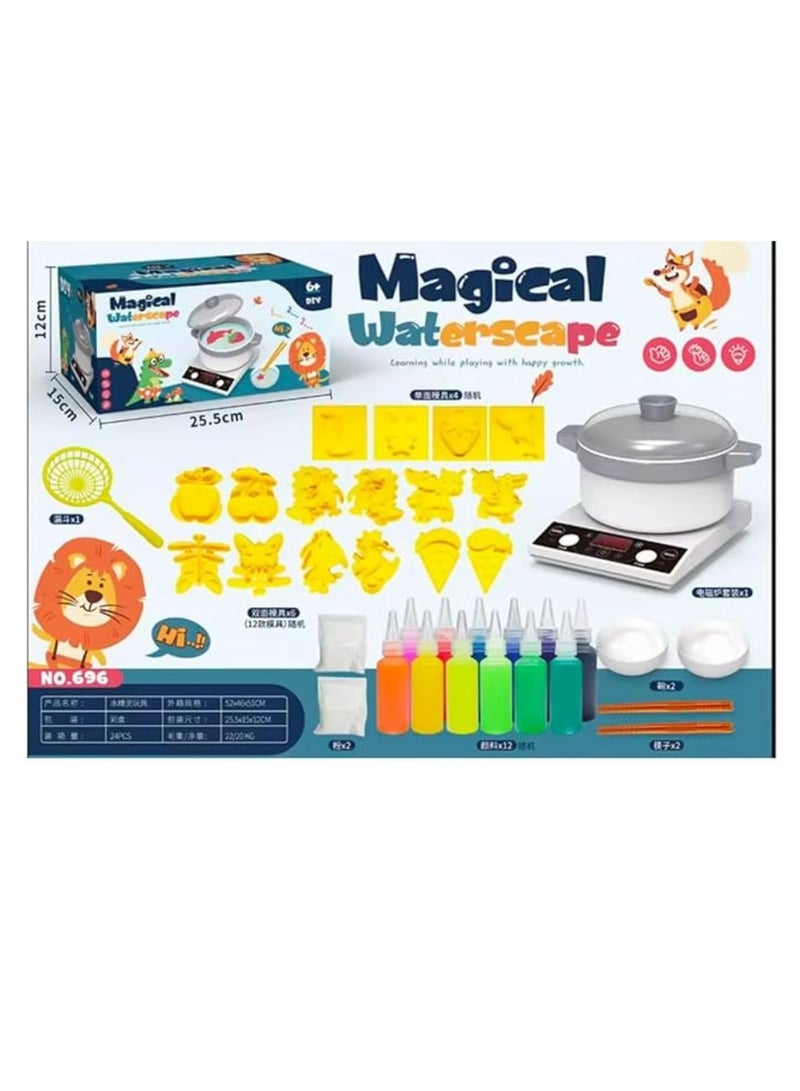 New 3D magic water games, plastic glass with DIY molds, 6 color bottles + 12 shapes, each shape 6 pieces + 2 spoons + hooks + 2 plates + 2 bags + heater that produces sound + bowl - Image 1